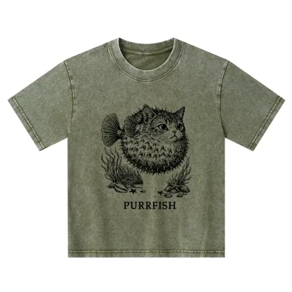 Tokyo-Tiger Spiky Puffer With Cute Cat Head Kids Washed T-Shirt