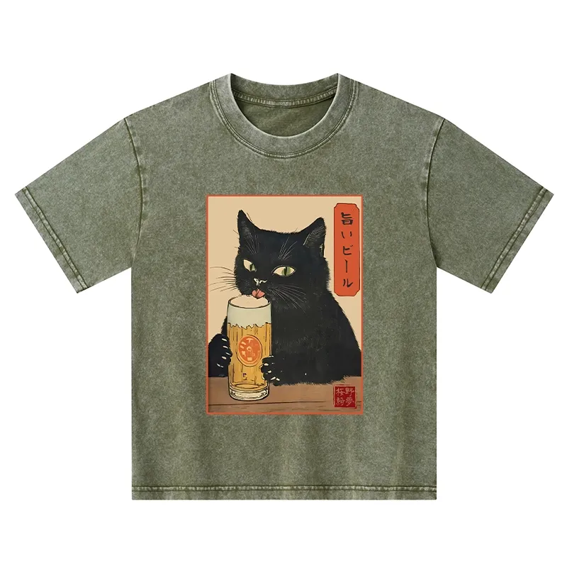Tokyo-Tiger Cat Holding A Glass Of Beer Kids Washed T-Shirt