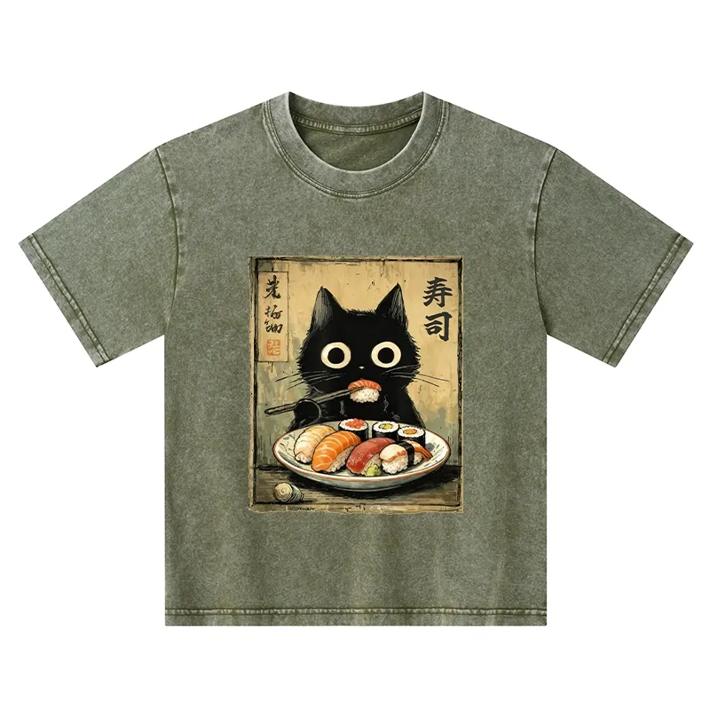 Tokyo-Tiger  Vintage Japanese Sushi Cat Kids Washed T-Shirt