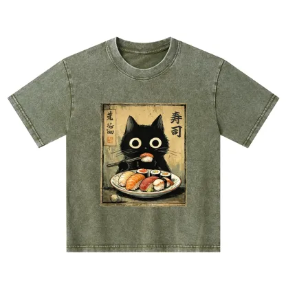 Tokyo-Tiger  Vintage Japanese Sushi Cat Kids Washed T-Shirt