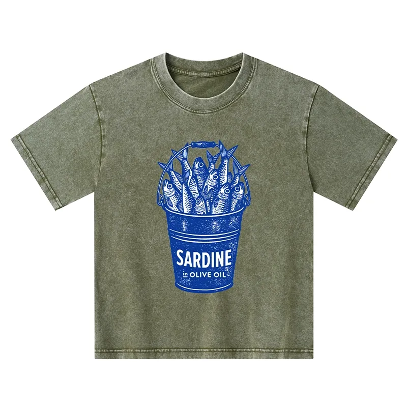 Tokyo-Tiger Vintage Bucket Full Of Fresh Sardines Kids Washed T-Shirt