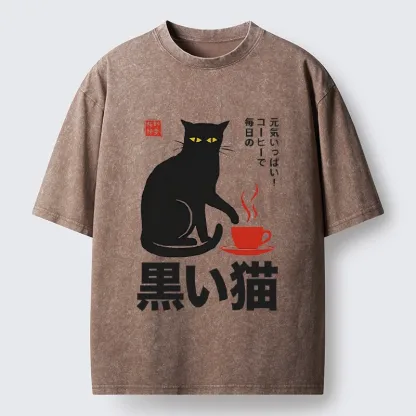 Tokyo-Tiger Black Cat Sips Daily Coffee Japanese Print Washed T-Shirt