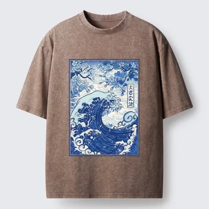 Tokyo-Tiger Vintage Japanese Wave Sakura Print Washed T-Shirt