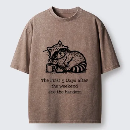 Tokyo-Tiger Funny Meme Monday Blues Coffee Raccoon Washed T-Shirt