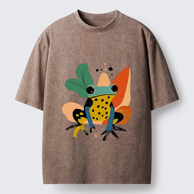 Tokyo-Tiger Vibrant Shapes Colorful Jungle Frog Tee Washed T-Shirt