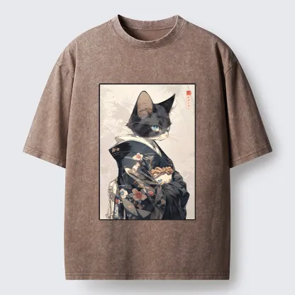 Tokyo-Tiger Vintage Japanese Cat Portrait Art Washed T-Shirt