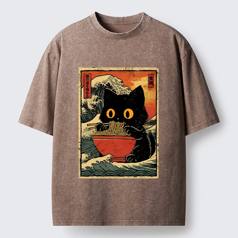 Tokyo-Tiger Cool Wave Art Cat Loves Ramen Bowl Washed T-Shirt