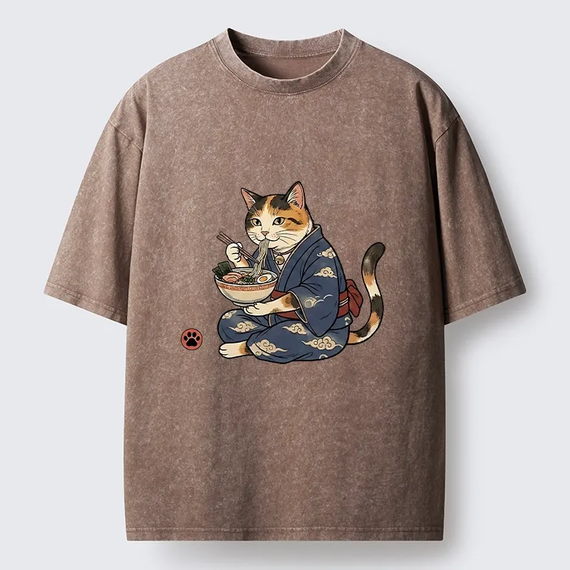 Tokyo-Tiger Traditional Japanese Cat Noodle Lover Washed T-Shirt