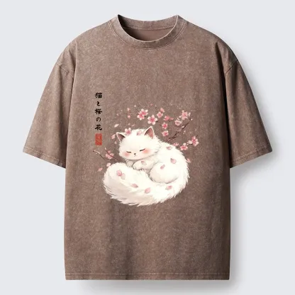 Tokyo-Tiger Soft Sakura White Cat Peaceful Sleep Washed T-Shirt