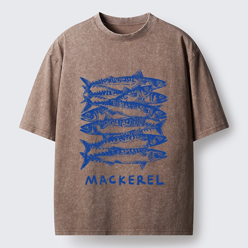 Tokyo-Tiger Retro Block Print Blue Mackerel School Washed T-Shirt