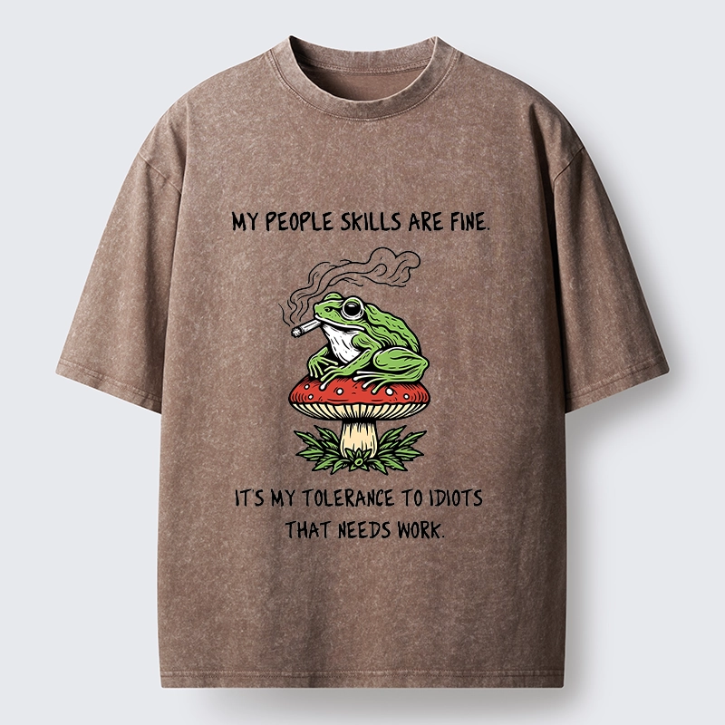 Tokyo-Tiger Relax Frog On Red Spotted Mushroom Washed T-Shirt