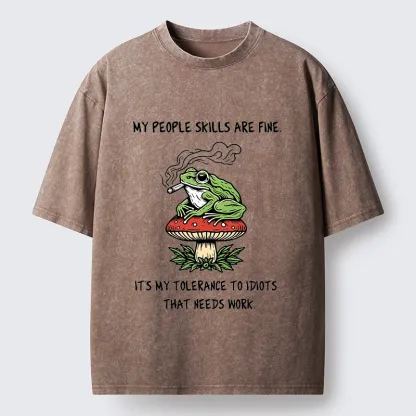 Tokyo-Tiger Relax Frog On Red Spotted Mushroom Washed T-Shirt