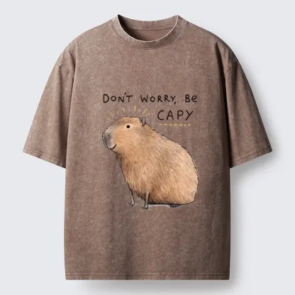 Tokyo-Tiger Calm Happy Capybara Relax Life Print Washed T-Shirt