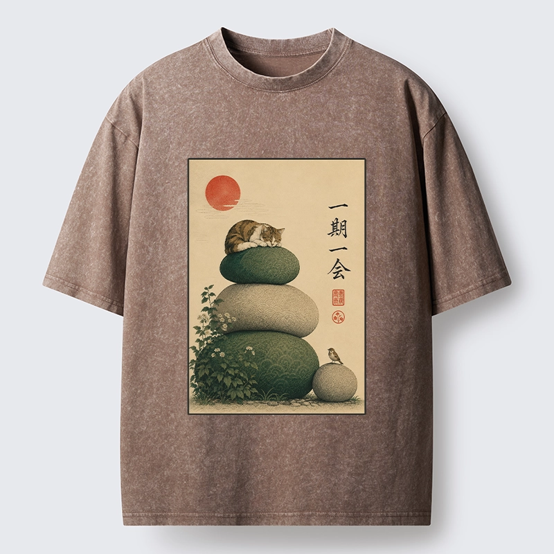 Tokyo-Tiger Peaceful Sleep Kitty Zen Garden Graphic Washed T-Shirt