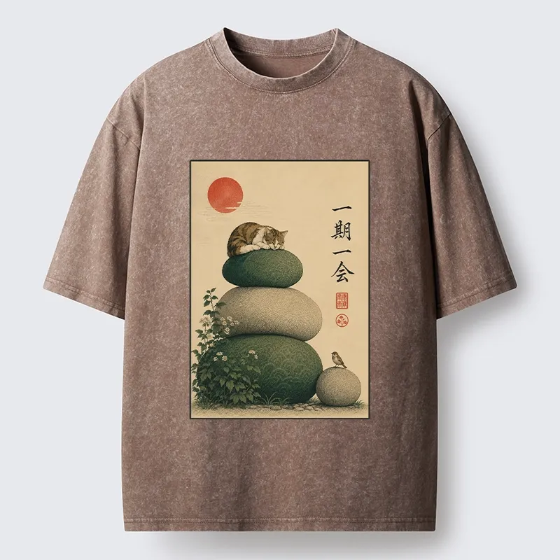 Tokyo-Tiger Peaceful Sleep Kitty Zen Garden Graphic Washed T-Shirt Sale