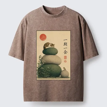 Tokyo-Tiger Peaceful Sleep Kitty Zen Garden Graphic Washed T-Shirt
