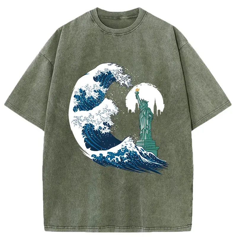 Tokyo-Tiger Waves And The Statue Of Liberty Washed T-Shirt