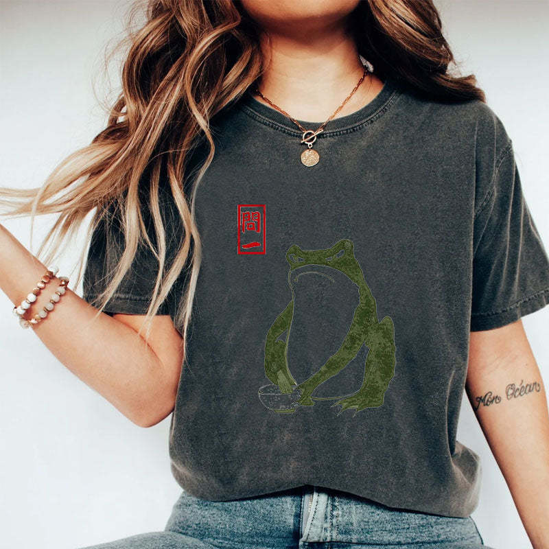 Tokyo-Tiger Woodblock Print Frog Washed T-Shirt