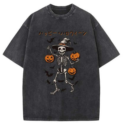 Tokyo-Tiger Skeleton Spooky Season Halloween Washed T-Shirt