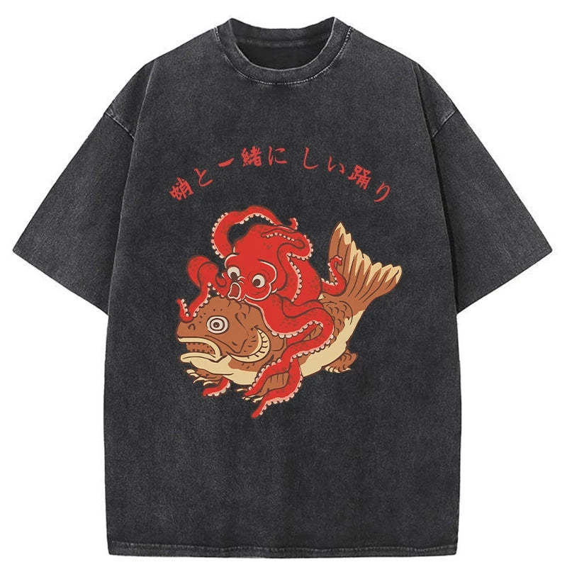 Tokyo-Tiger Octopus And Koi Dance Together Washed T-Shirt