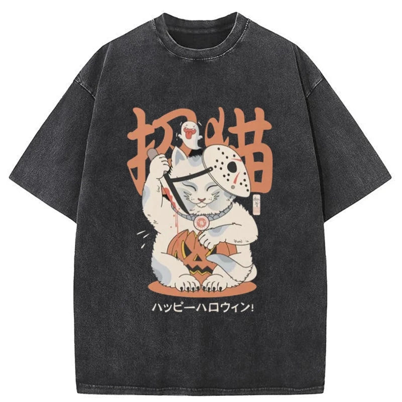 Tokyo-Tiger Halloween Cat Maneki Neko Japanese Washed T-Shirt