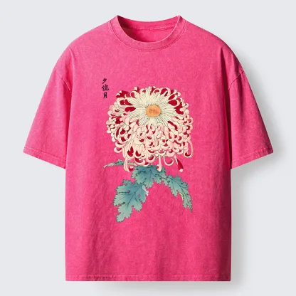 Tokyo-Tiger Vintage Chrysanthemum Art Washed T-Shirt