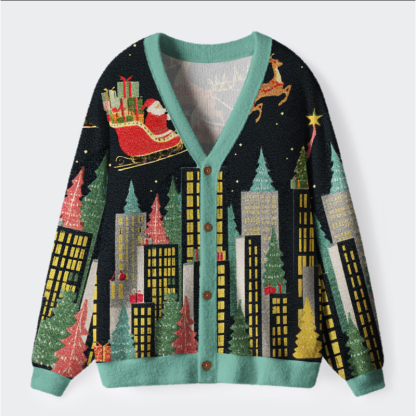 Tokyo-Tiger Santa’s Midnight Flight Ugly Cardigan Sweater
