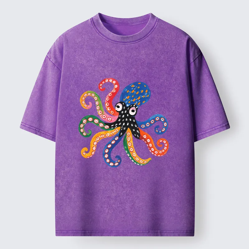 Tokyo‑Tiger Bright Rainbow Octopus Washed T‑Shirt Sale