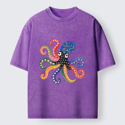 Tokyo-Tiger Bright Rainbow Octopus Washed T-Shirt