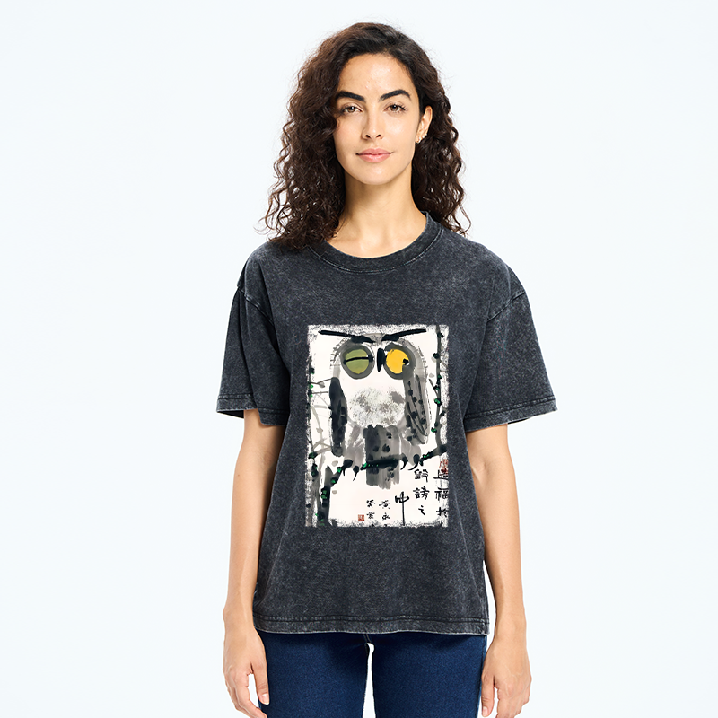 Tokyo-Tiger Oriental Ink Owl Art Washed T-Shirt