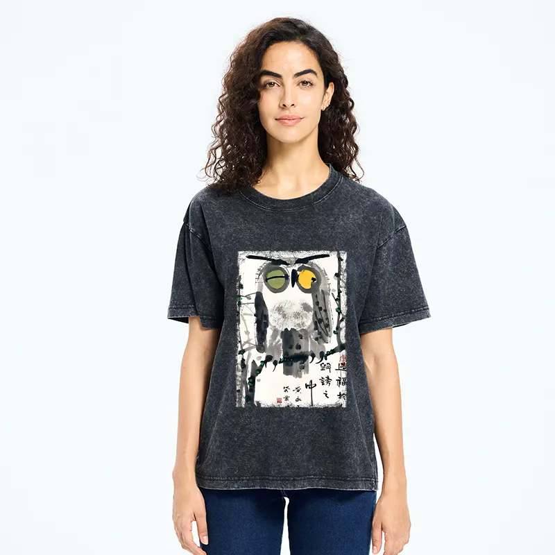 Tokyo-Tiger Oriental Ink Owl Art Washed T-Shirt