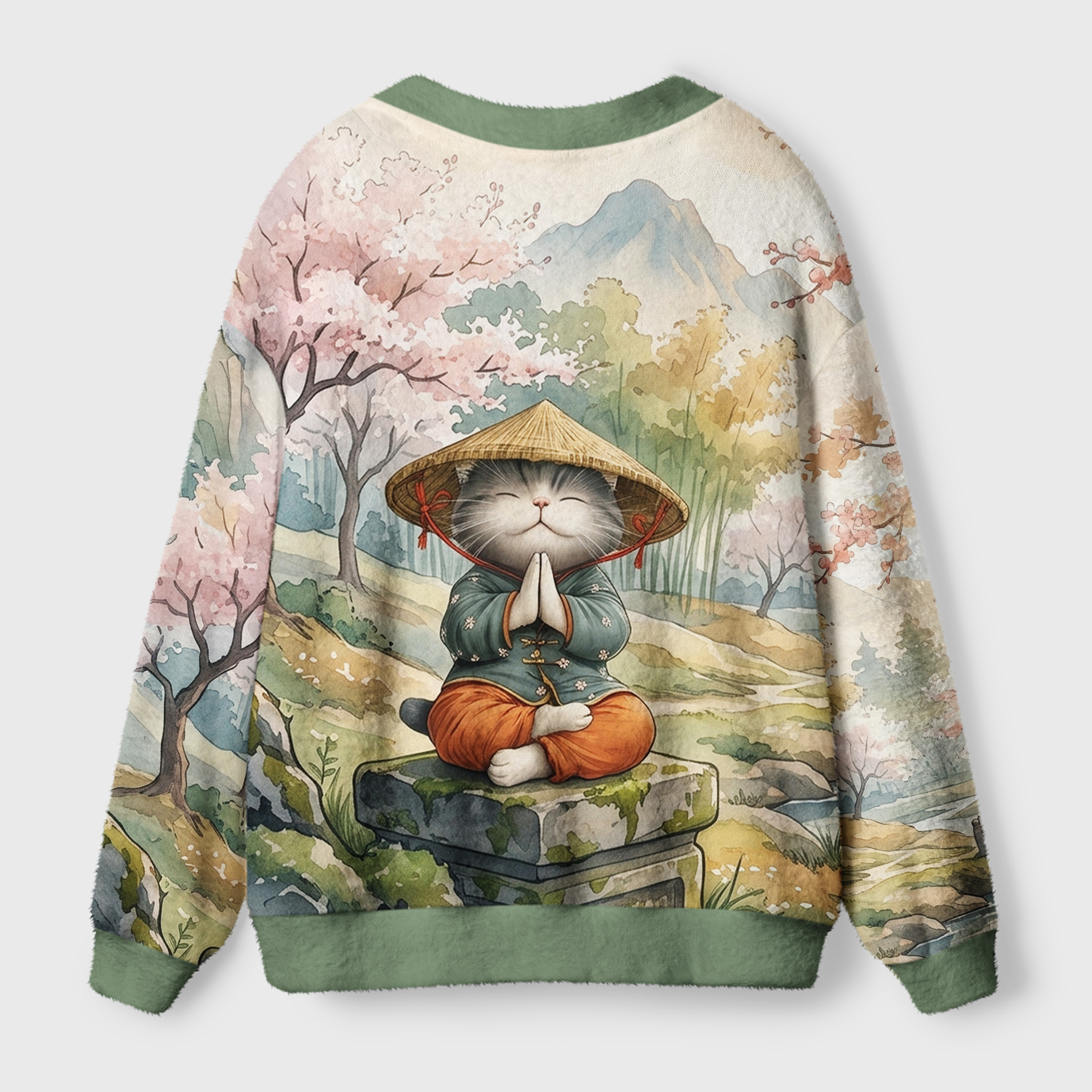 Tokyo-Tiger Zen Relax Cat Graphic Ugly Cardigan Sweater