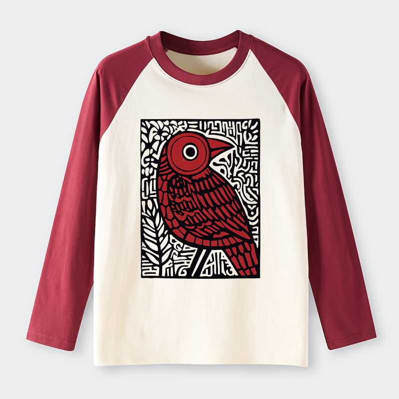 Tokyo-Tiger Retro Woodblock Bird Raglan Long Sleeve T-shirt