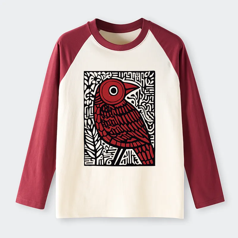 Tokyo-Tiger Retro Woodblock Bird Raglan Long Sleeve T-shirt