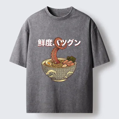 Tokyo-Tiger Octopus Ramen Meme Washed T-Shirt