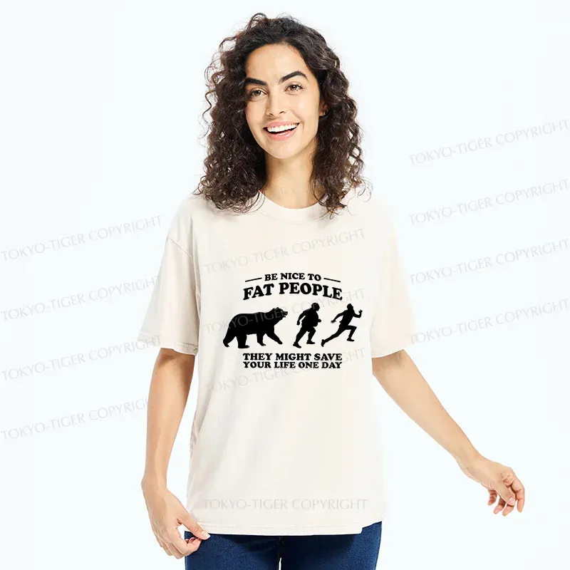 Tokyo-Tiger Fat Bear Chasing Fat Man Washed T-Shirt
