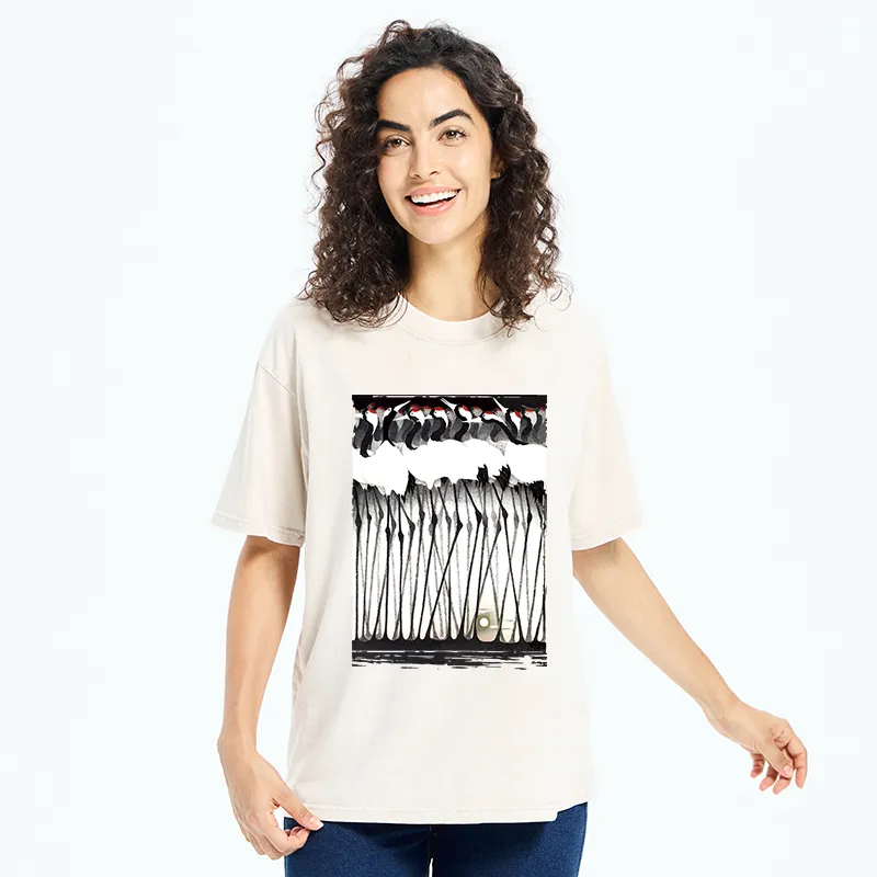 Tokyo-Tiger Crane Flock Ancient Painting Washed T-Shirt