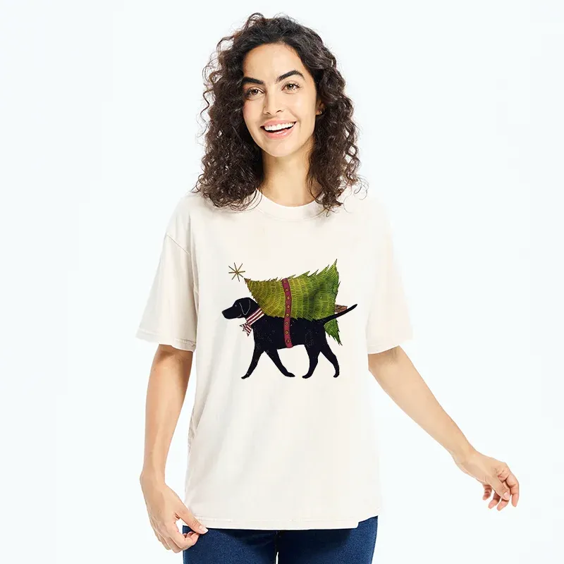 Tokyo-Tiger Dog Carrying Christmas Tree Washed T-Shirt