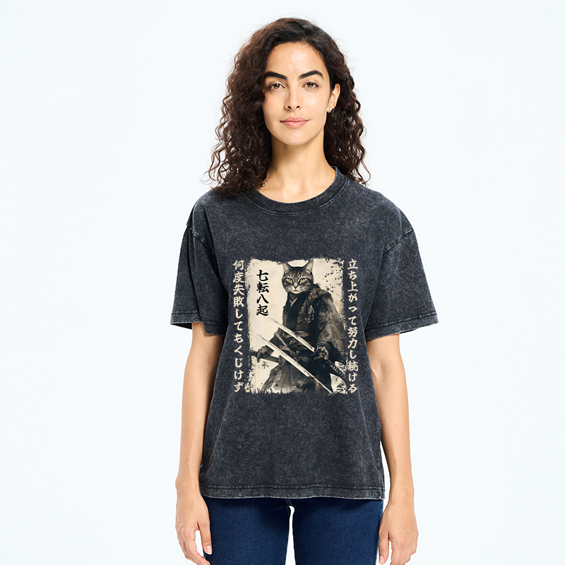 Tokyo-Tiger Samurai Japanese Cat Washed T-Shirt