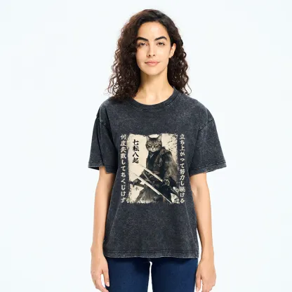 Tokyo-Tiger Samurai Japanese Cat Washed T-Shirt