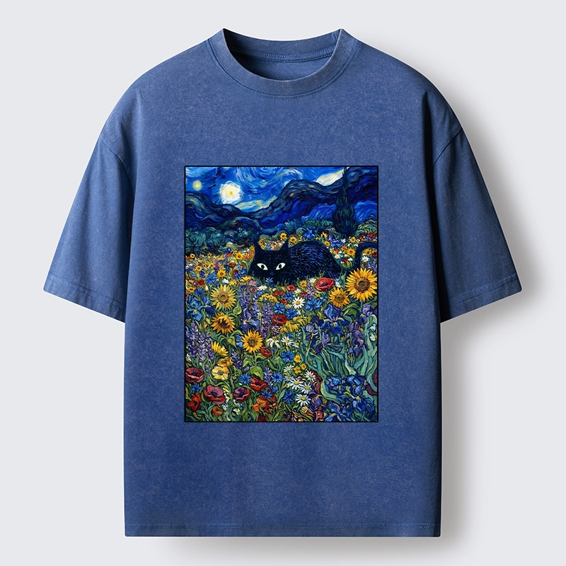 Tokyo‑Tiger Starry Night Cat Washed T‑Shirt