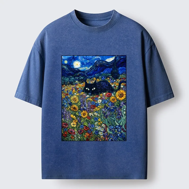 Tokyo‑Tiger Starry Night Cat Washed T‑Shirt