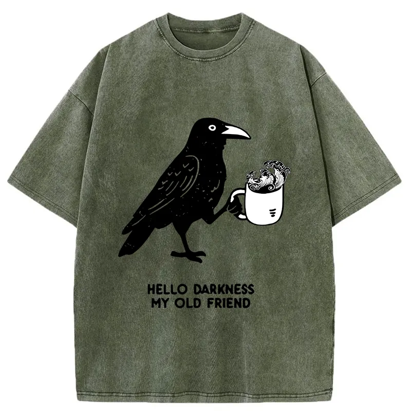 Tokyo-Tiger Crow Drinking Black Coffee Funny Washed T-Shirt