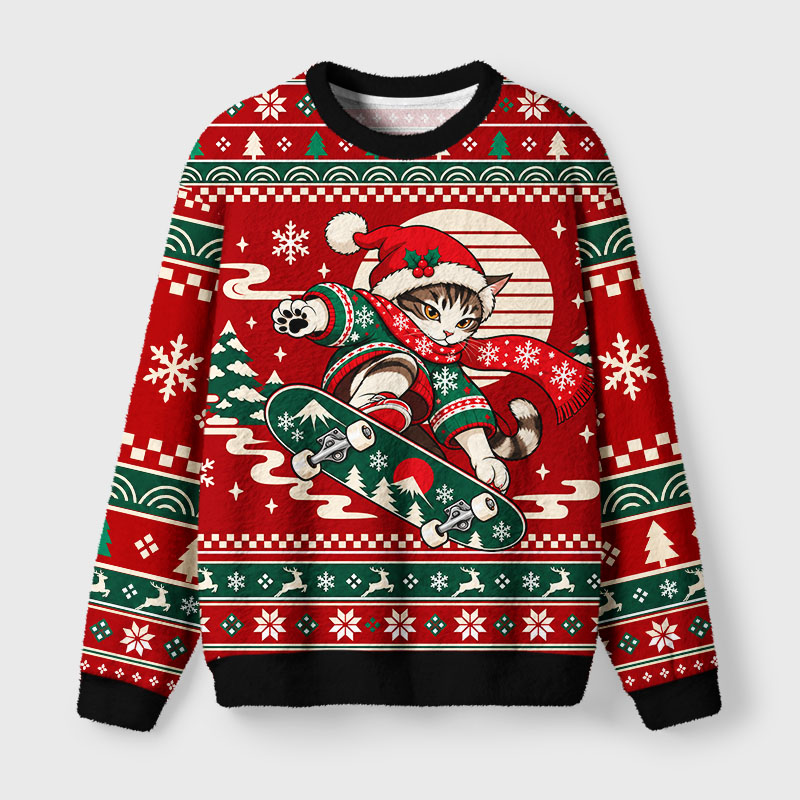 Tokyo-Tiger A Cat Skateboarding Fuzzy Christmas Ugly Sweatshirt