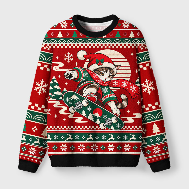 Tokyo-Tiger A Cat Skateboarding Fuzzy Christmas Ugly Sweatshirt Sale