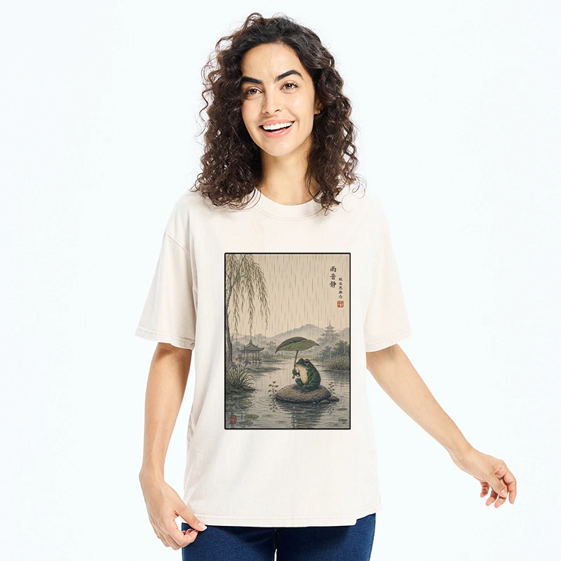 Tokyo-Tiger Frog Holding Lotus Leaf In The Rain Washed T-Shirt