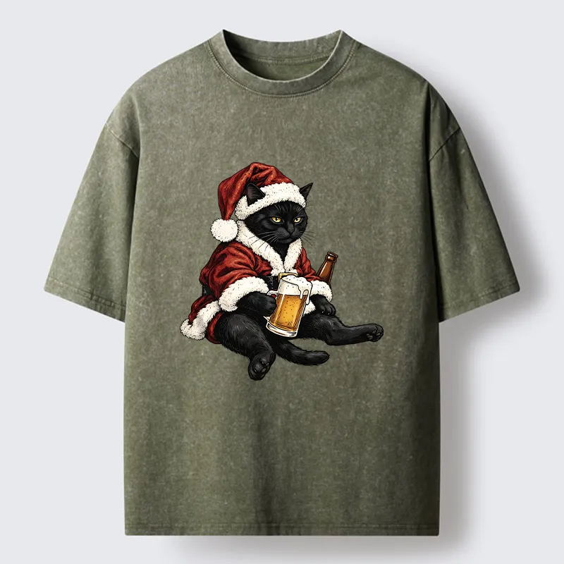 Tokyo-Tiger Chill Santa Black Cat Beer Time Washed T-Shirt