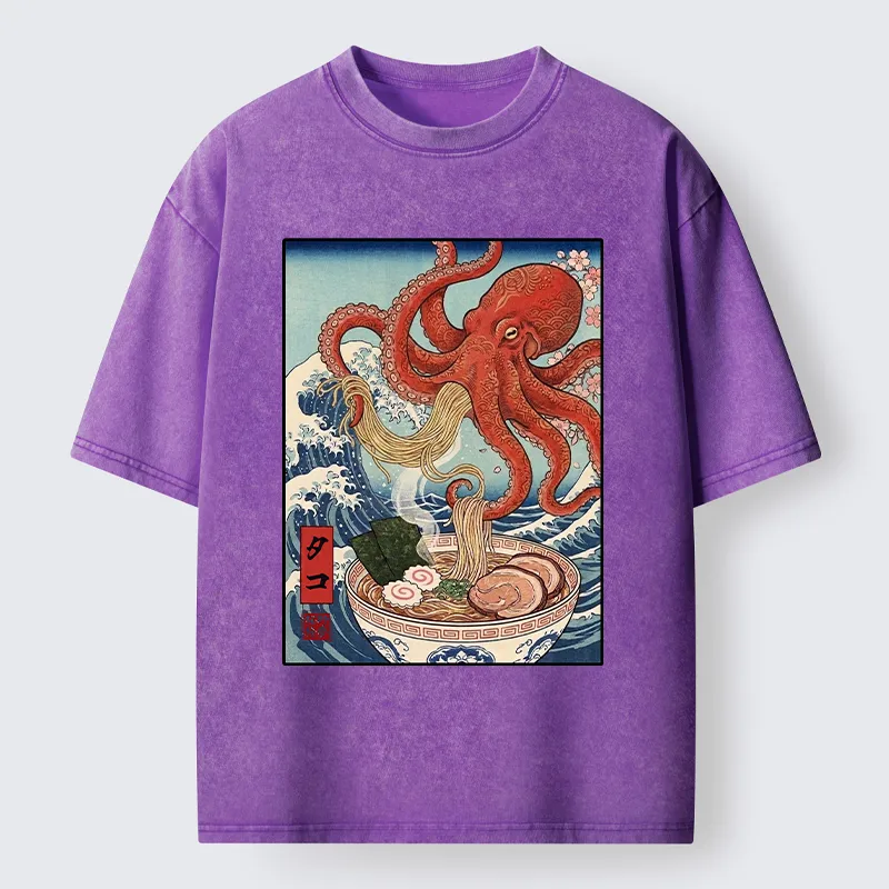 Tokyo-Tiger Octopus Eating Ramen Ukiyo Art Washed T-Shirt