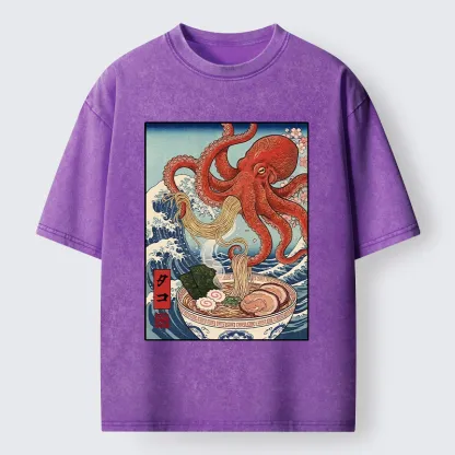 Tokyo-Tiger Octopus Eating Ramen Ukiyo Art Washed T-Shirt