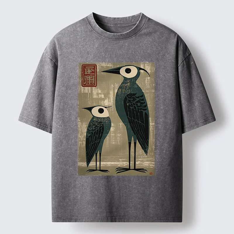 Tokyo-Tiger Retro Two Birds Art Washed T-Shirt